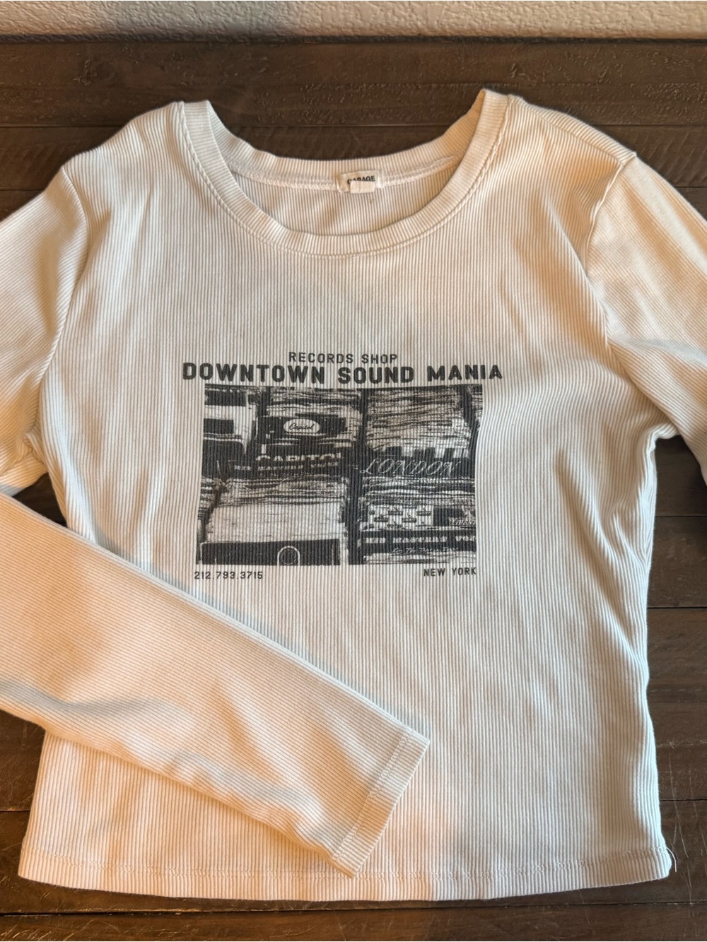 Garage Downtown Sound Mania NYC Ribbed Long Sleeve Top White M Y2K